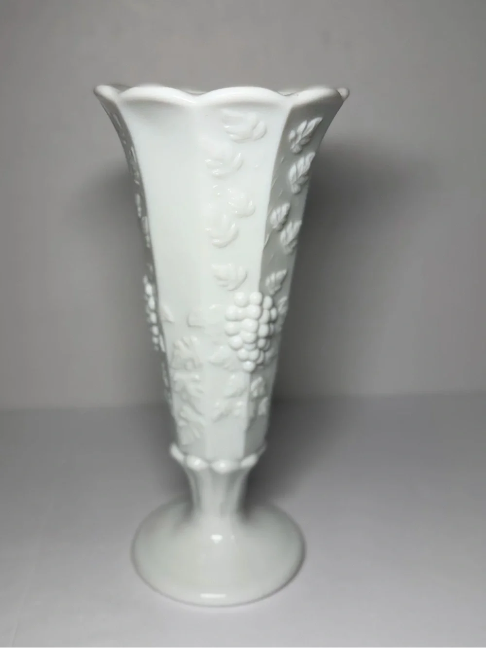 Vintage Westmoreland Paneled Grape milk glass pedestal Vase.